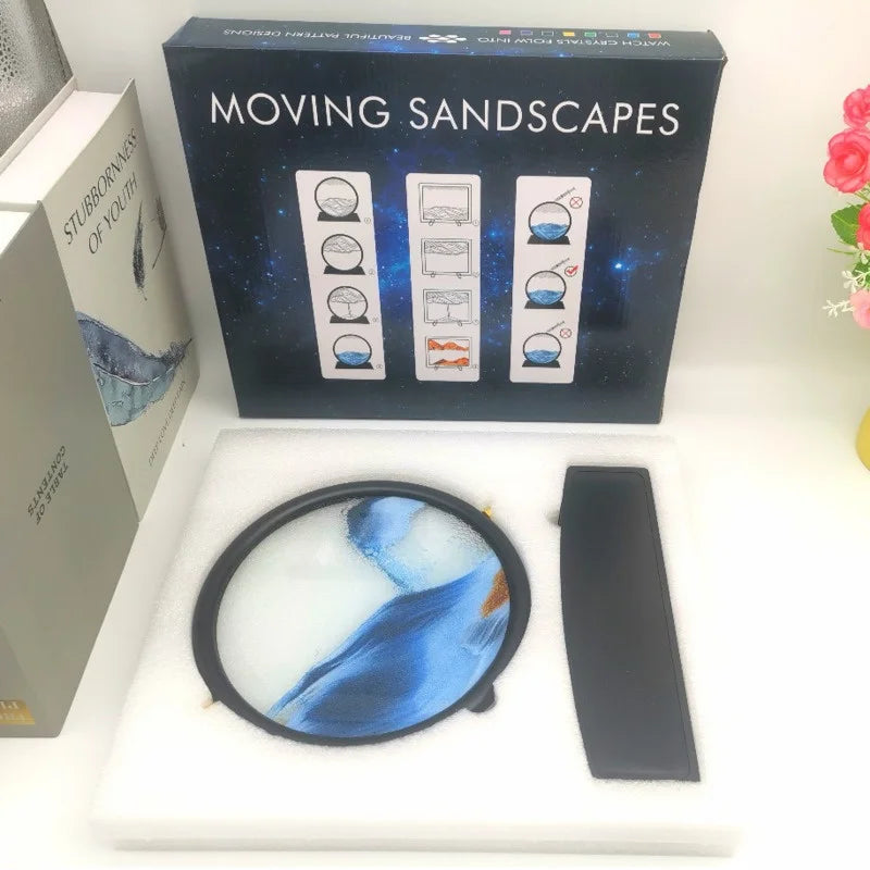 360 Rotating Sandscape Moving Sand Art Glass Frame Flowing Sand Decor Round Display Home Office Decoration