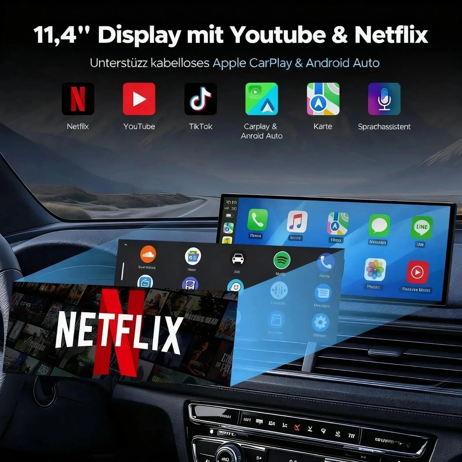 Ottocast AI 11.4 Inch Wireless CarPlay Screen Android 15 Smart Car Display with GPS and Split Screen