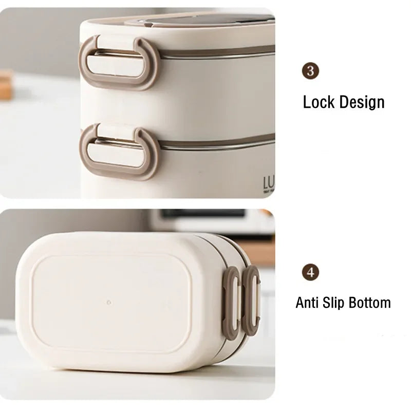 1500ml Double Layer Stainless Steel Thermal Lunch Box Leak Proof Bento Food Container with Insulated Carry Bag for Adults and Students