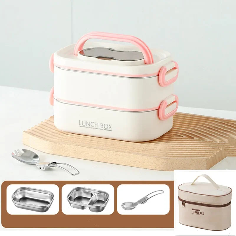 1500ml Double Layer Stainless Steel Thermal Lunch Box Leak Proof Bento Food Container with Insulated Carry Bag for Adults and Students