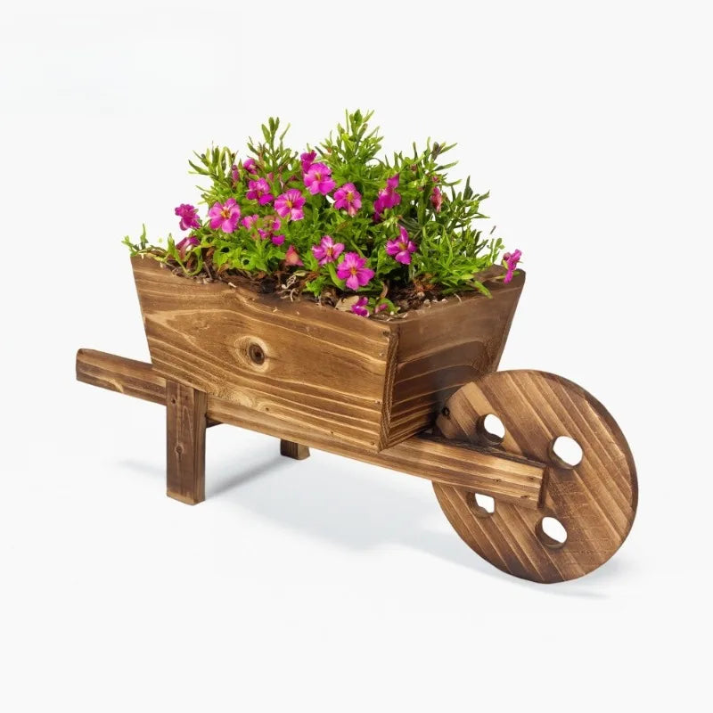 Handmade Wooden Wheelbarrow Planter Rustic Flower Pot Decor