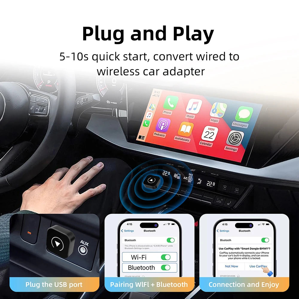 2 in 1 Wireless CarPlay and Android Auto Adapter Plug and Play Smart Car Dongle