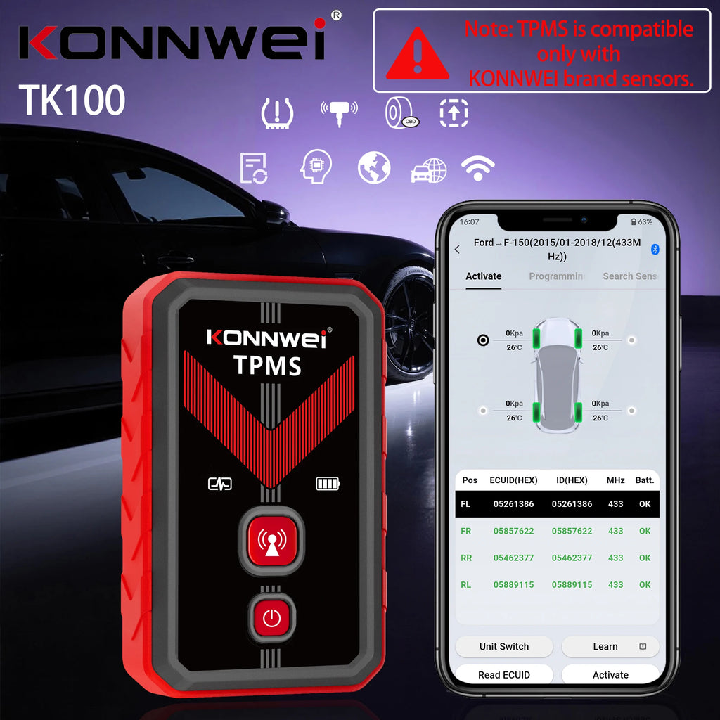 Konnwei TK100 TPMS Programming Tool Wireless OBD Relearn Device for Tire Pressure Sensors