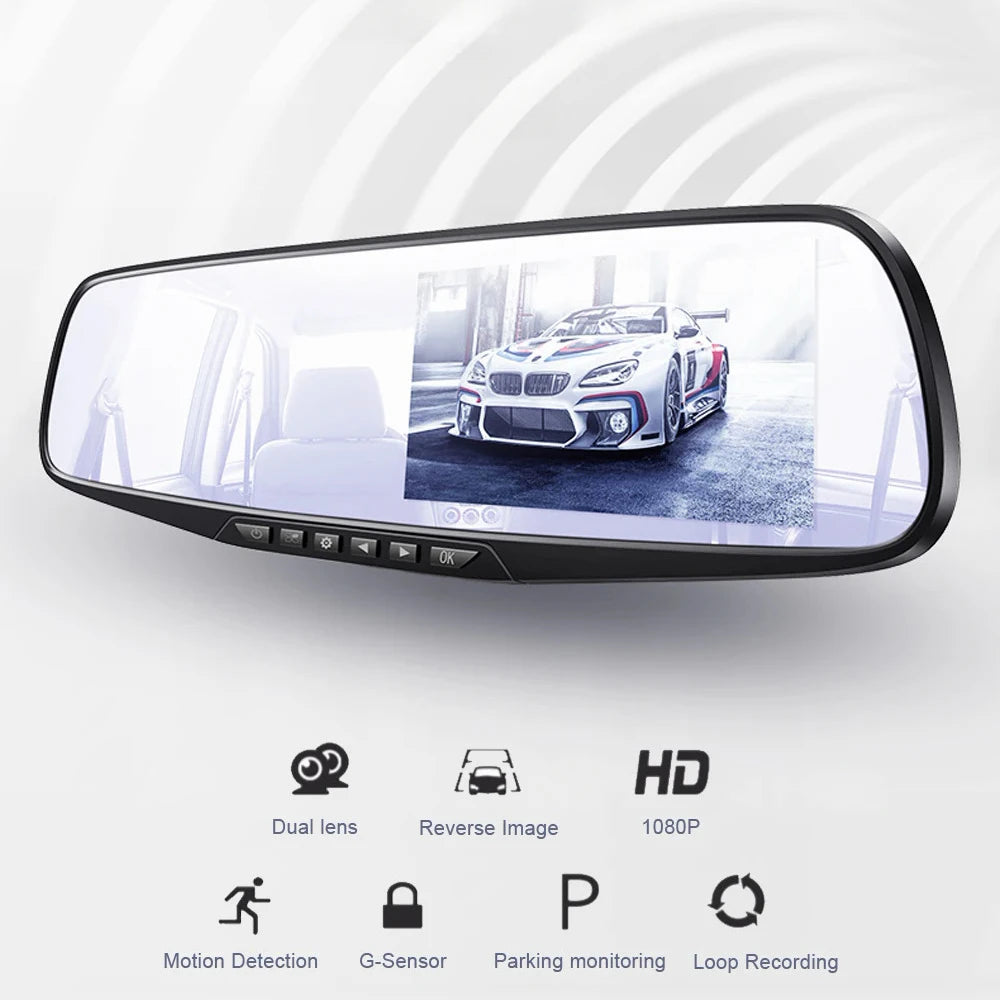 1080P Dual Lens Rearview Mirror Dash Cam 4.3 Inch Car DVR Video Recorder with Parking Monitor