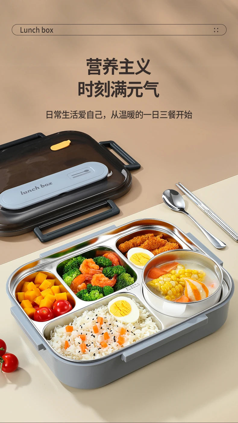 Stainless Steel Kids Lunch Box Compartment Bento Container Insulated Food Storage with Bag for School