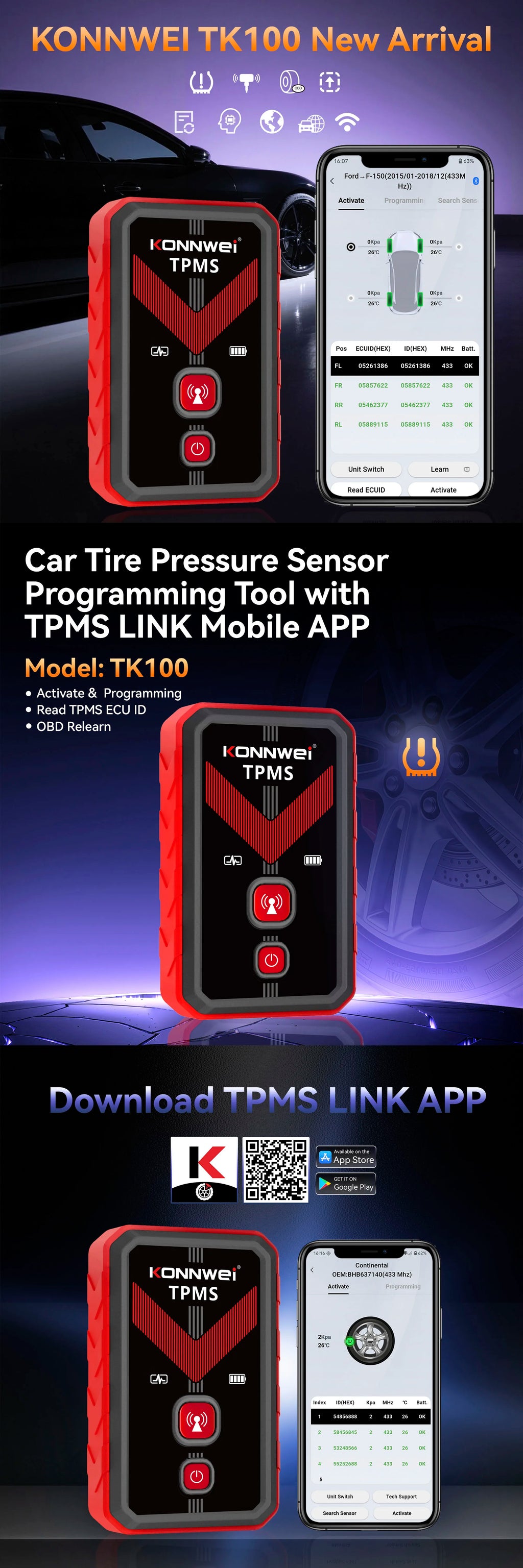 Konnwei TK100 TPMS Programming Tool Wireless OBD Relearn Device for Tire Pressure Sensors