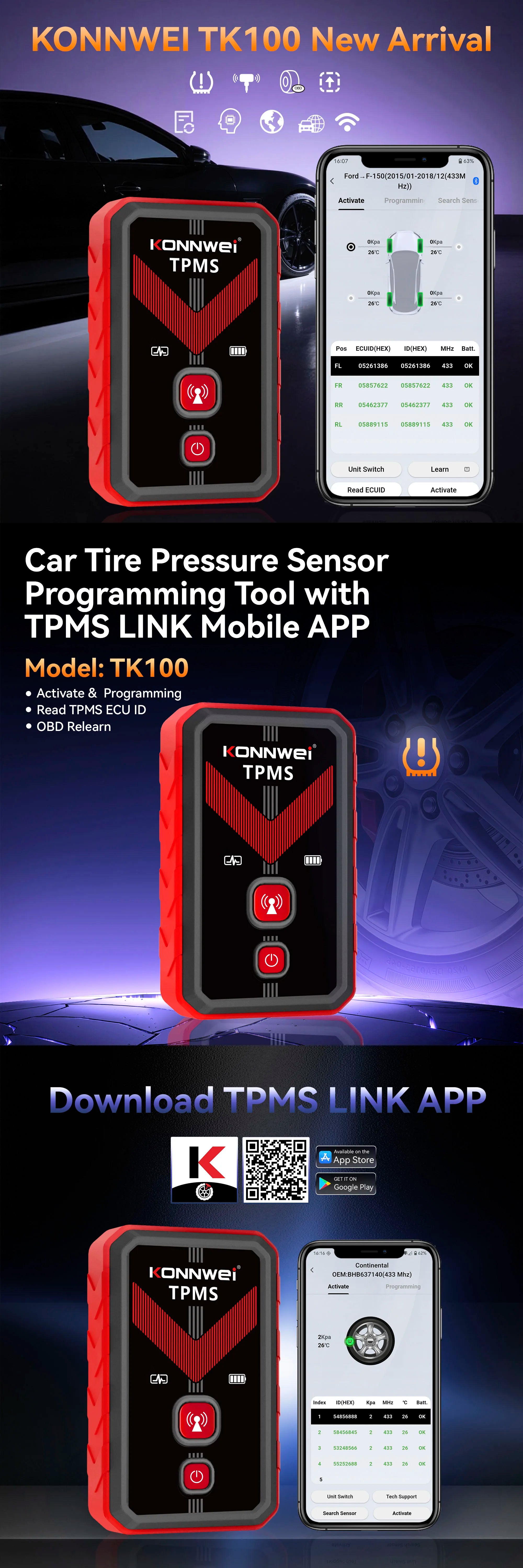 Konnwei TK100 TPMS Programming Tool Wireless OBD Relearn Device for Tire Pressure Sensors