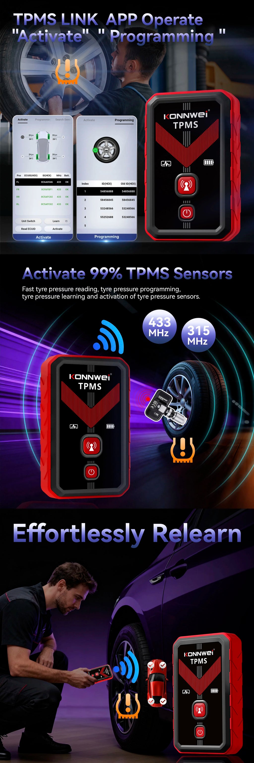 Konnwei TK100 TPMS Programming Tool Wireless OBD Relearn Device for Tire Pressure Sensors