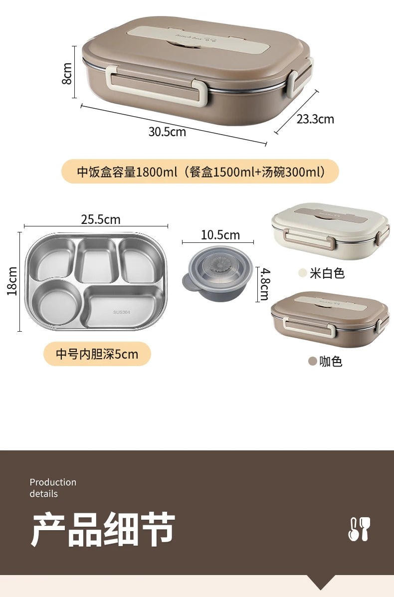 Stainless Steel Kids Lunch Box Compartment Bento Container Insulated Food Storage with Bag for School