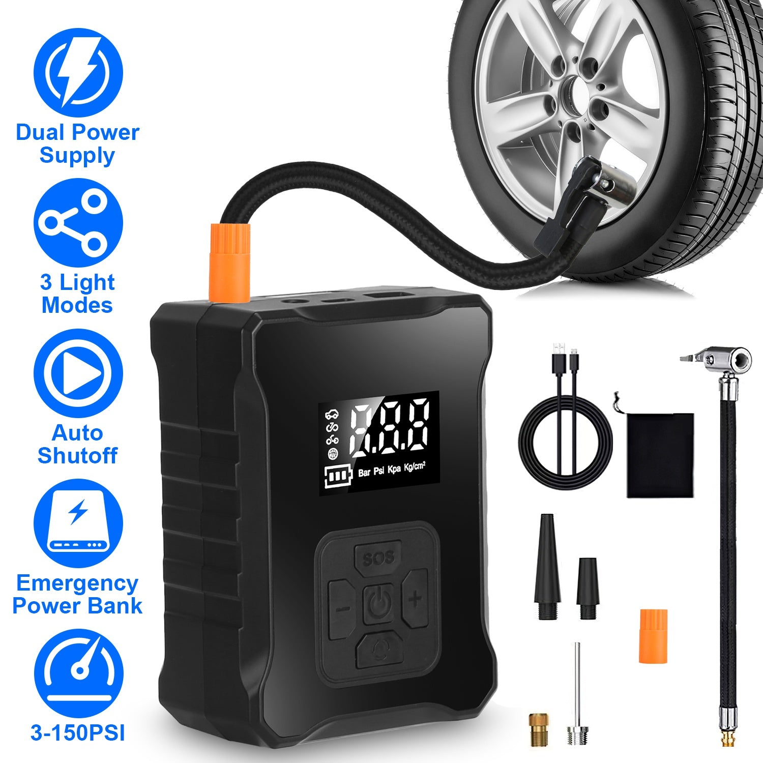 150 PSI Cordless Tire Inflator – Portable Digital Air Compressor with LED Light & Emergency Power Bank for Cars, Bikes & Motorcycles