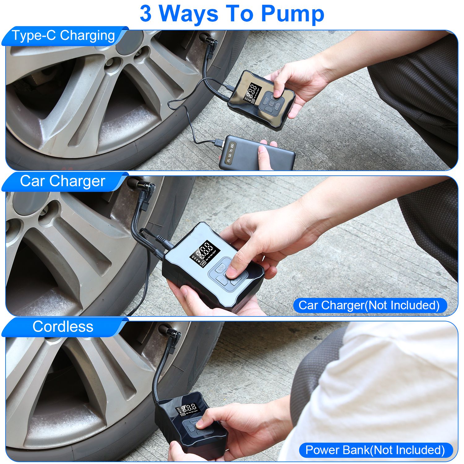 150 PSI Cordless Tire Inflator – Portable Digital Air Compressor with LED Light & Emergency Power Bank for Cars, Bikes & Motorcycles