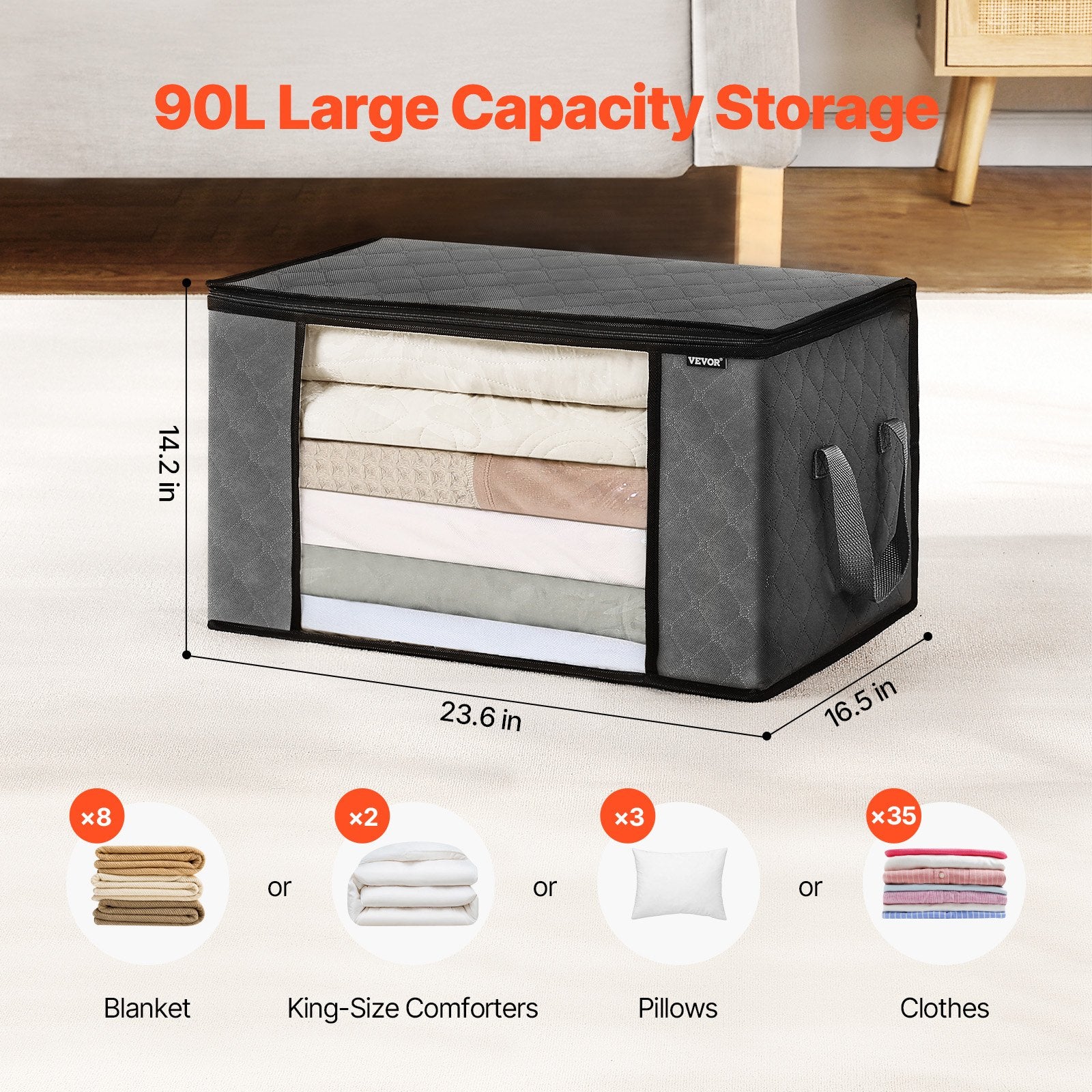 90L Large Storage Bags 6 Pack – Foldable Clothes & Blanket Storage Bins with Handles, Space Saving Closet Organizers